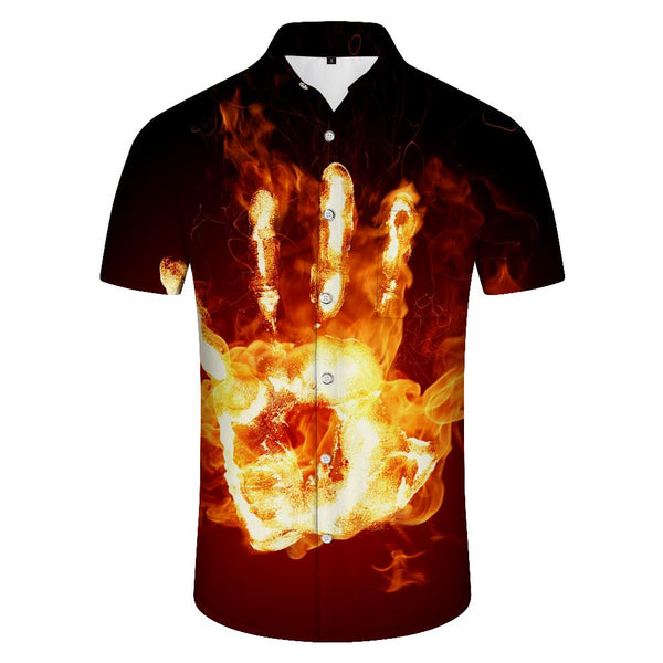 
Men's 3d hell flame palm button lapel pocket men's loose Hawaiian tropical four seasons short sleeve shirt
                