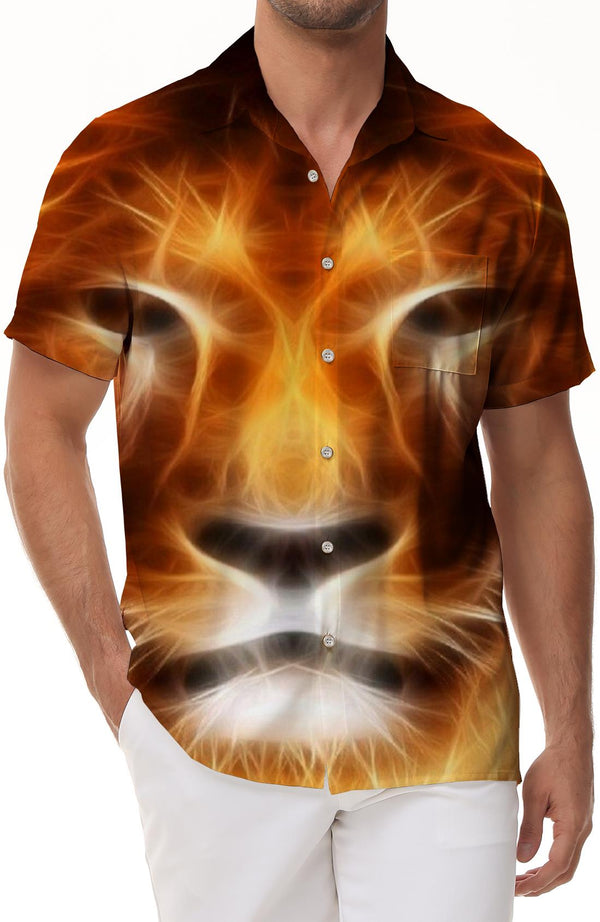 Hawaiian Button Abstract Short Sleeve Jungle King Lion Men Shirt Lapel Fun Beach Shirt