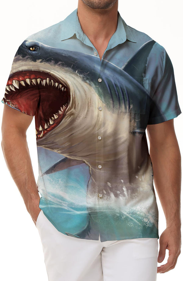 Fierce Shark Print Shirt Men's Outdoor Button Summer Pocket Lapel Ocean Vacation Shirt