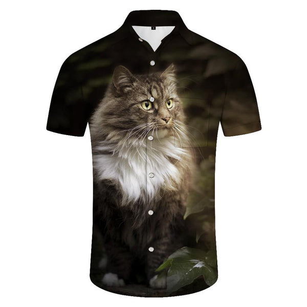 
Forest longhair cat animal casual men's loose button-down lapel tropical Hawaiian style short sleeve
                