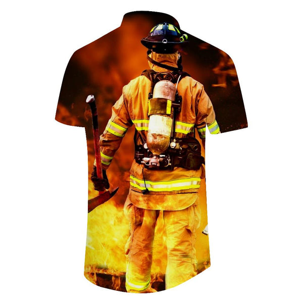 
Male firefighter soldier 3D printed men's loose fashion casual lapel short-sleeved vacation beach clothing
                