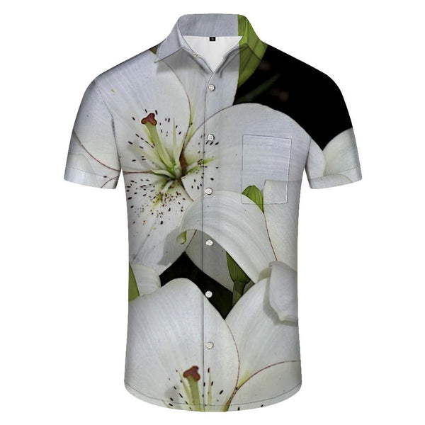 
White lily blooming flowers men's shirt short sleeves printed comfortable regular fit button lapel shirt digital print casual top white
                