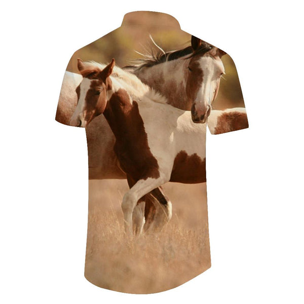 
Two tall horses on the prairie 3D digital printing cool fashion button-down tropical Hawaiian style short-sleeved shirt
                