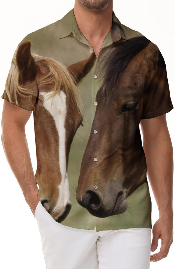 
Two Horses Hawaiian Button Lapel Men's Short Sleeve Shirt Loose Pocket Top Tropical Style
                