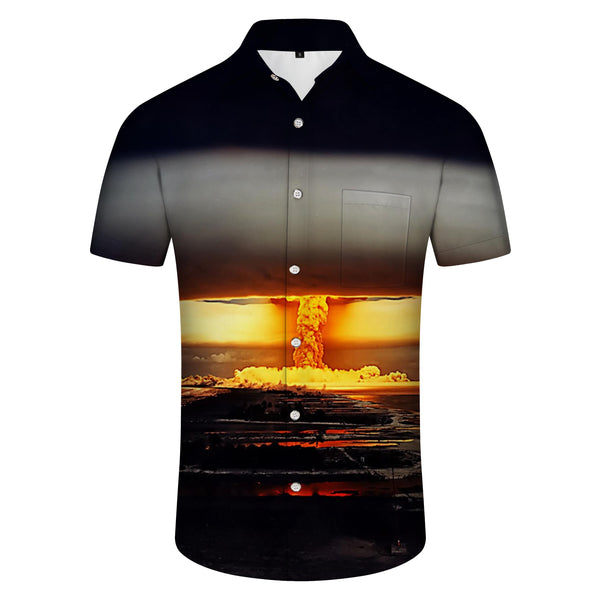 
War nuclear bomb huge explosion mushroom cloud men's short sleeve Hawaiian print shirt summer beach button
                
