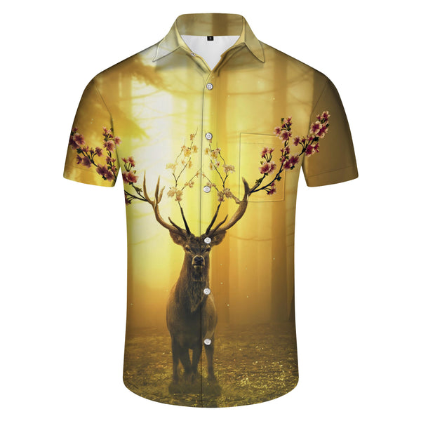 
Golden Peach Blossom Antlers Men's Short Sleeve Hawaiian Print Shirt Summer Beach Button Shirt Four Seasons
                