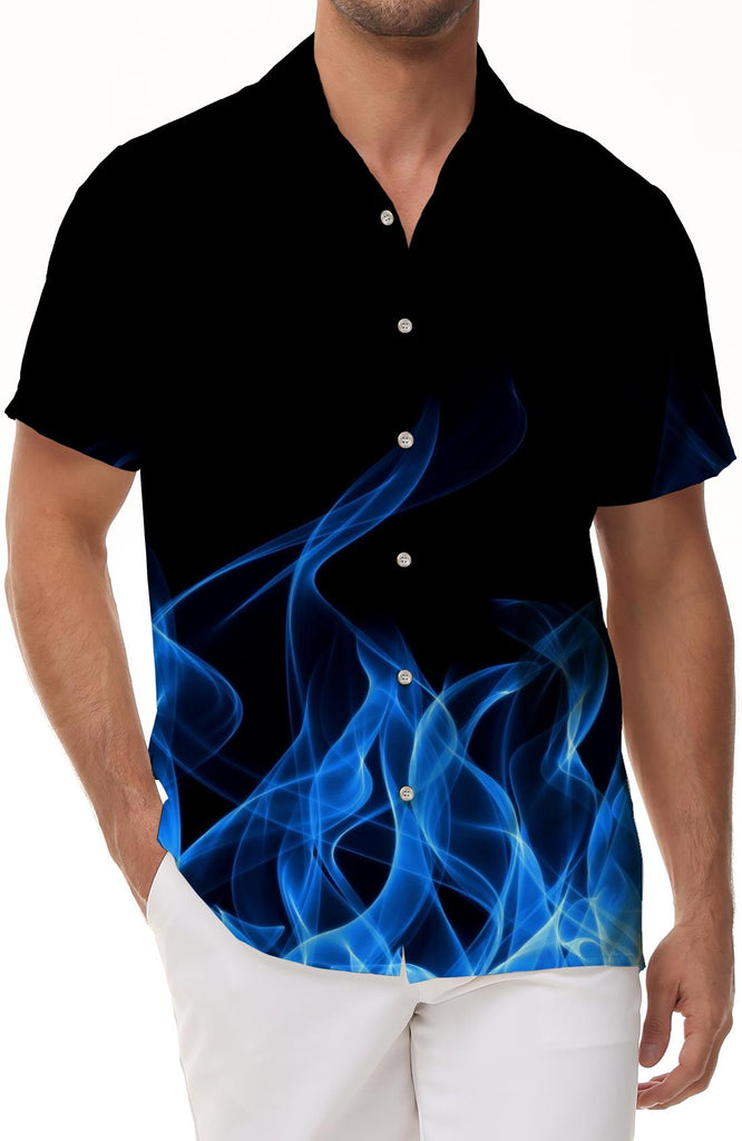 Black blue flame cool fashion short-sleeved shirt casual style men's collar shirt leisure outdoor fishing Hawaii beach summer