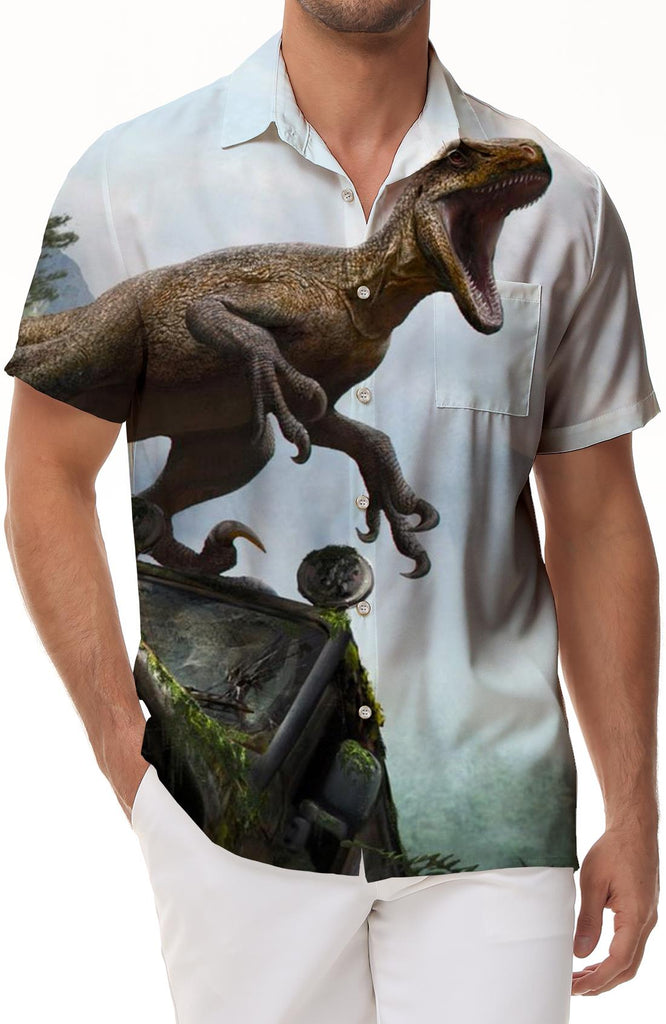 Surfing dinosaur swing men's short-sleeved daily travel short-sleeved shirt summer Hawaii Haikou lapel button short-sleeved shirt casual
