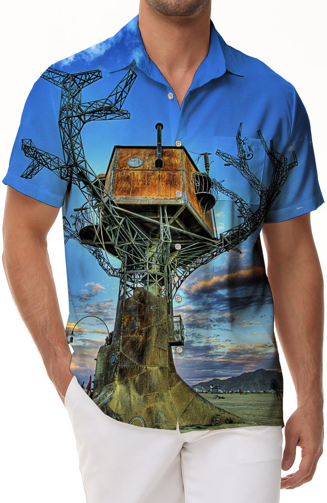 Ancient style Thousand Layer Tower digital printing men's casual short-sleeved shirt fashionable Hawaiian shirt summer beach wear