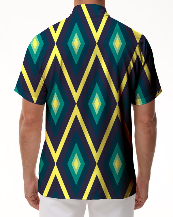
Men's summer fresh blue yellow green geometric pattern shirt
                