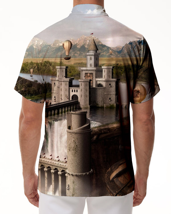 
European retro castle men's casual loose short-sleeved tropical Hawaiian pocket lapel button four seasons summer daily street walk
                