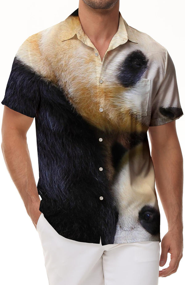 Summer Men's Panda 3D Printed Short Sleeve Fashion Short Sleeve Hawaiian Button Pocket Style Casual