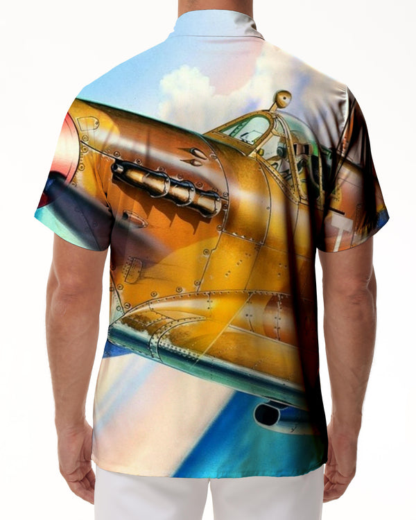
Cartoon Orange Fighter Airplane Men's Hawaiian Shirt Casual Floral Short Sleeve Button-Up Tropical Top
                