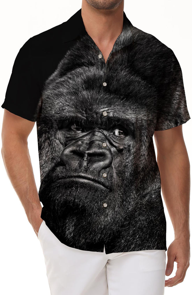 Black and white cute gorilla fashion style men's casual loose daily travel short-sleeved shirt Hawaiian digital printing beach casual short-sleeved button shirt outdoor