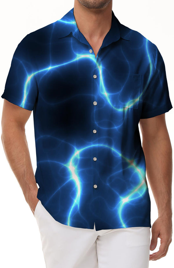 Blue Lightning Shine Men's Casual Button Short Sleeve Breathable Shirt with Pocket Beach Vacation Shirt