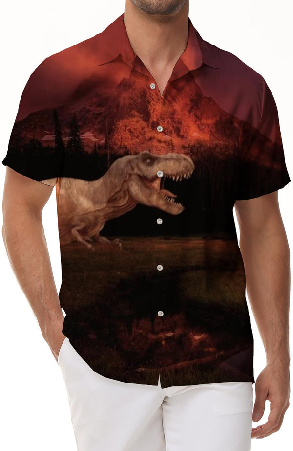 Funny Dinosaur Hawaiian Shirt Men's Casual Loose Daily Travel Short Sleeve Shirt Hawaiian Button Lapel Pocket Short Sleeve Shirt Dinosaur