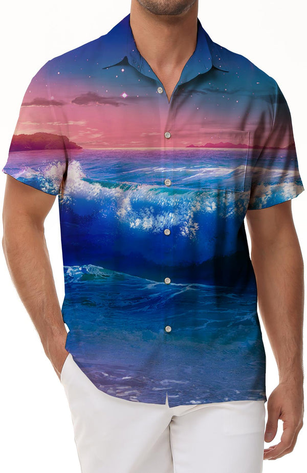 Sunset Summer Ocean Men's Short Sleeve Casual Shirt Print Hawaiian Lapel Button Clothing