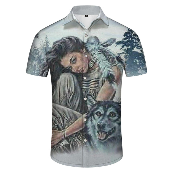
European and American Animal Wolf Print Pattern Men's Summer Animal Wolf Print Shirt Men's Clothing Short Sleeve Button Top Men's
                