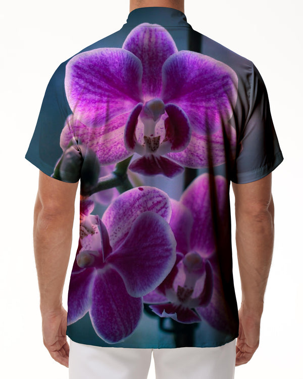
Purple orchid print seaside vacation daily travel Hawaii four seasons tropical short-sleeved shirt button lapel pocket men's
                