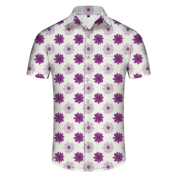 
Purple daisy pattern fashion retro Hawaiian vacation beach button-down lapel short sleeve regular style summer men's short sleeve
                