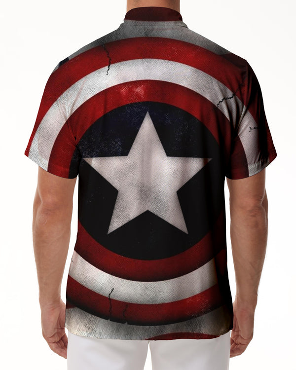 
Spring and summer Independence Day celebration men's casual retro Hawaiian button pockets with American shield print pattern
                