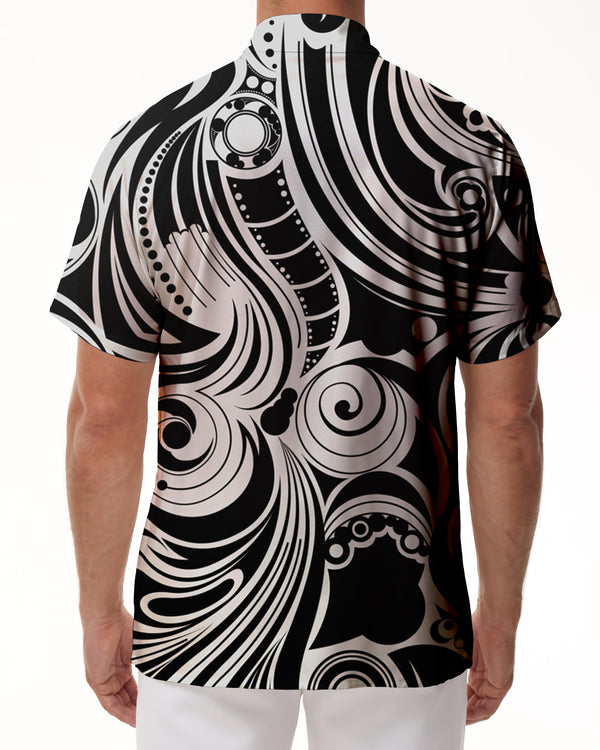 
Men's black and white casual vacation seaside beach Hawaii tropical summer button-down short-sleeved shirt pocket lapel top
                