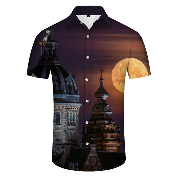 
Italy St. Nicholas Church beautiful scenery men's leisure vacation daily travel Hawaiian button lapel short-sleeved shirt pocket
                