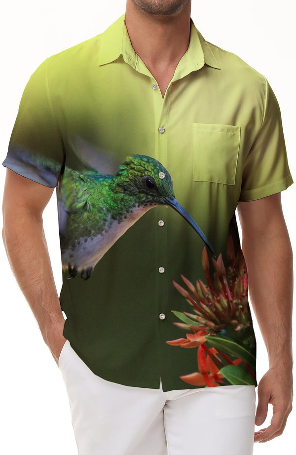 Men's button down shirt short sleeve hummingbird and colorful flowers nature animals hawaiian tropical four seasons loose casual top