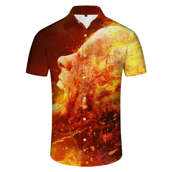 
Burning head in the flames 3D digital printing men's casual loose daily travel vacation Hawaiian tropical four seasons short-sleeved shirt trend
                