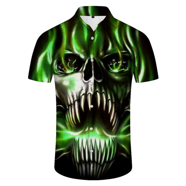 
Green loose outdoor fishing men's Hawaiian shirt skull print casual short sleeves retro collar beach
                