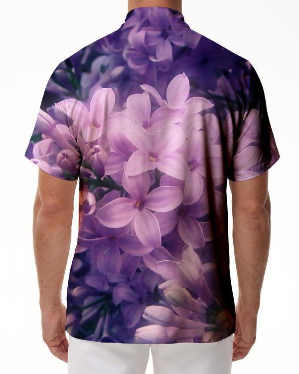 
Digital Print Hawaiian Shirt Summer Beach Casual Short Sleeve Button Down Shirt Blooming Purple Flowers
                