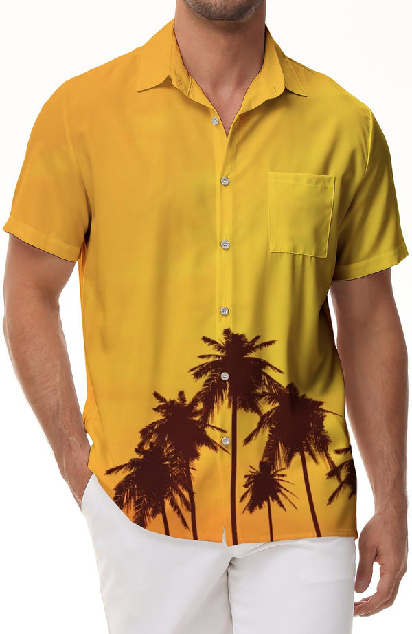 Dusk and coconut trees summer vacation beach Hawaiian shirt men street simple style short sleeve button shirt