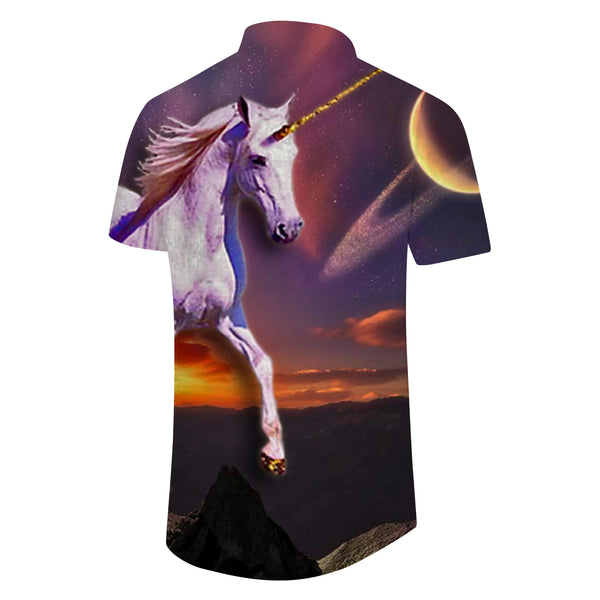 
Starry sky print pink unicorn loose men's short-sleeved button-down shirt breathable simple travel shirt
                