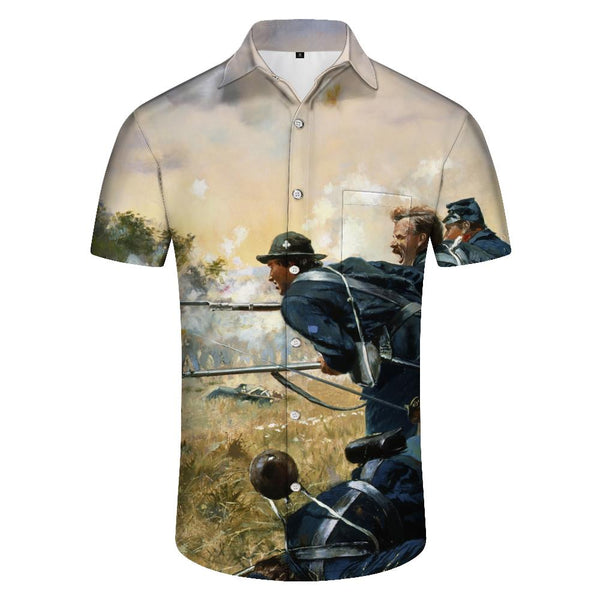 
WWII War Art Oil Painting Print Short Sleeve Shirt Fashion Retro Print Summer Casual Button Beach Shirt Top Clothing
                