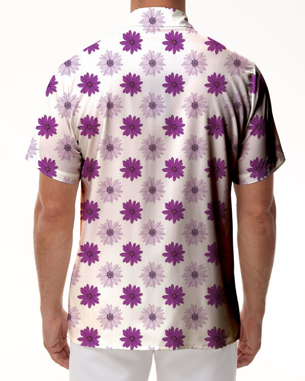 
Purple daisy pattern fashion retro Hawaiian vacation beach button-down lapel short sleeve regular style summer men's short sleeve
                