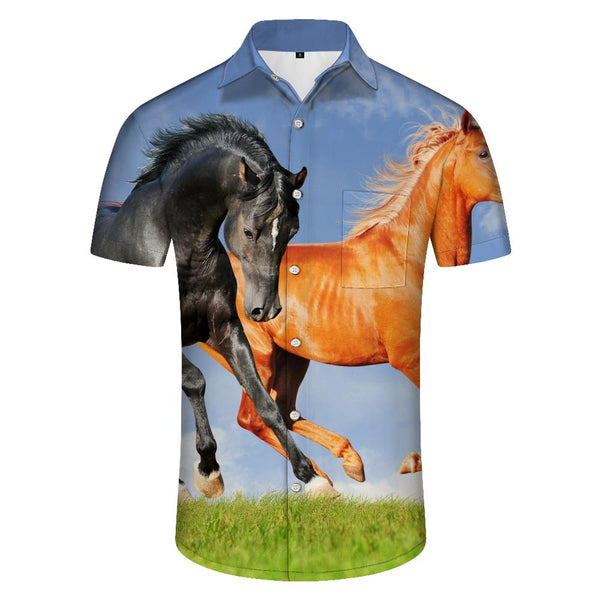 
Printed horses running on the grass short sleeve casual fashion men's tropical Hawaiian button pocket lapel shirt retro style
                