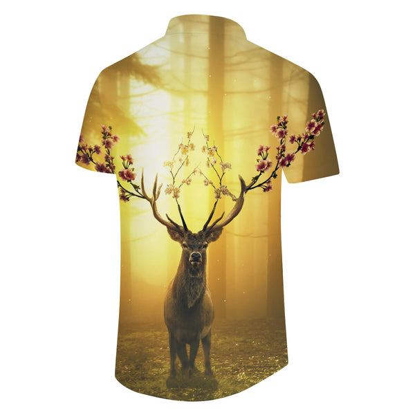 
Golden Peach Blossom Antlers Men's Short Sleeve Hawaiian Print Shirt Summer Beach Button Shirt Four Seasons
                