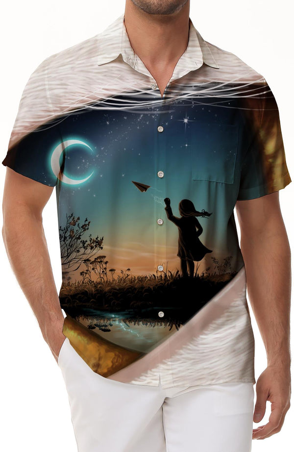 Cartoon pupil galaxy little girl back 3d digital printing hot four seasons Hawaiian button lapel men's casual loose street short-sleeved shirt