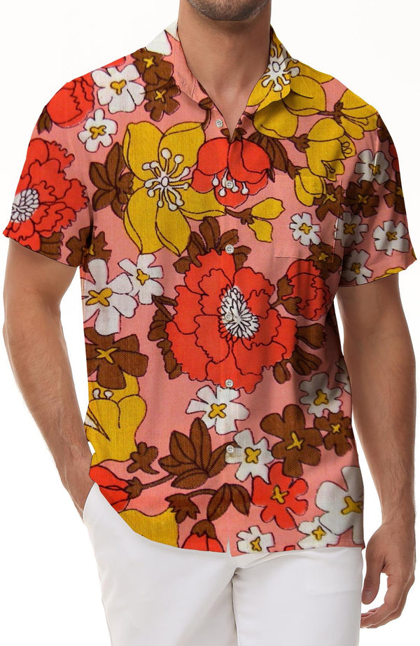 Vintage Men's Floral Digital Print Pattern Shirt Casual Loose Tropical Hawaiian Button Lapel Fashion Regular Fit Top