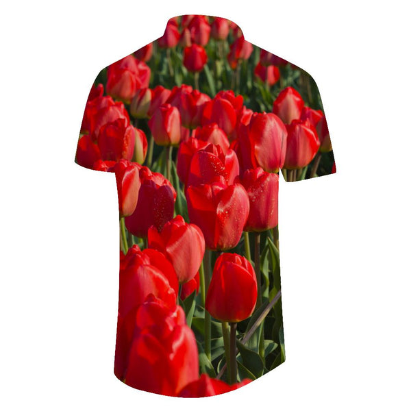 
Red flower tulip pattern casual men's short-sleeved beach shirt Hawaiian button lapel pocket short-sleeved shirt beautiful flowers
                