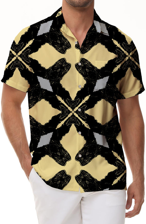 Men's yellow and black geometric pattern Hawaiian shirt short sleeves