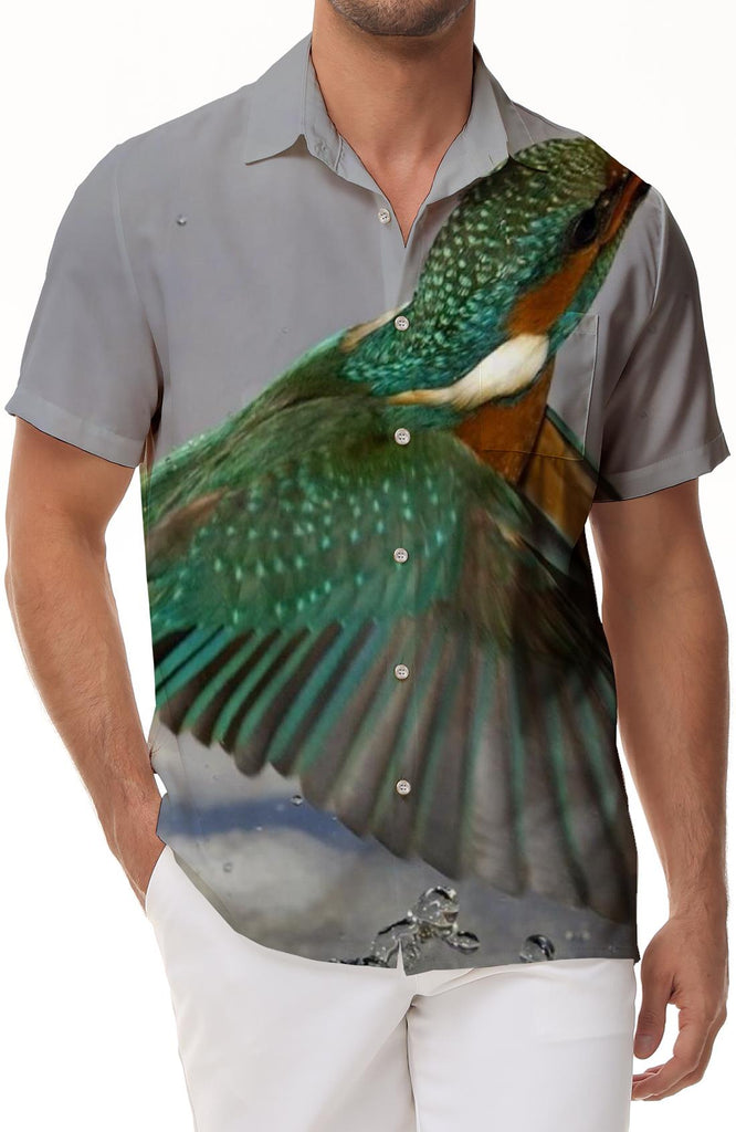 Green festive bird animal men's casual loose street Hawaiian tropical four seasons shirt short sleeve button