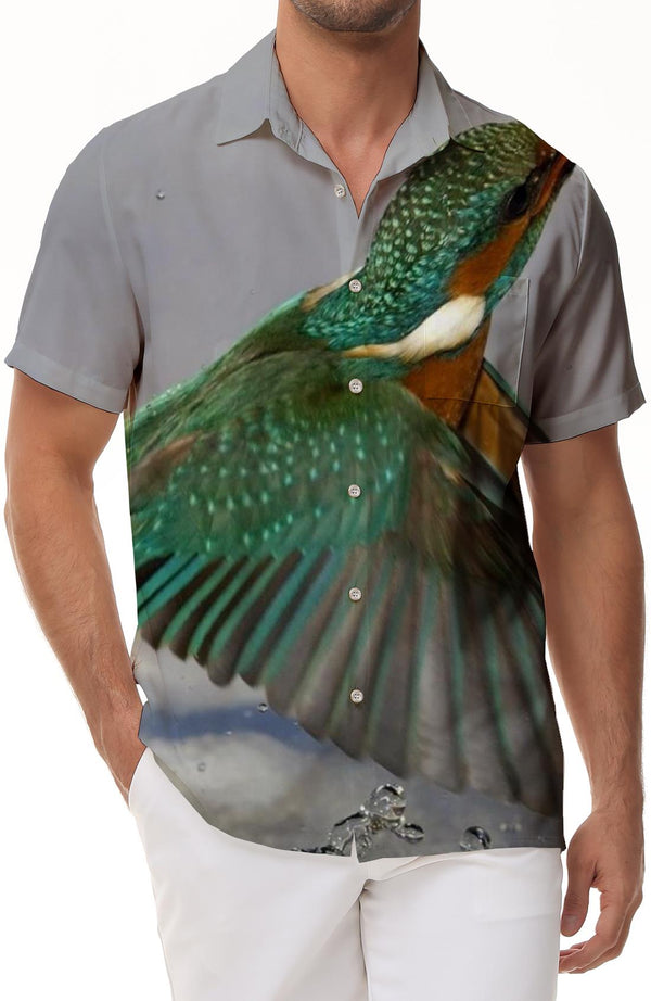 Green festive bird animal men's casual loose street Hawaiian tropical four seasons shirt short sleeve button