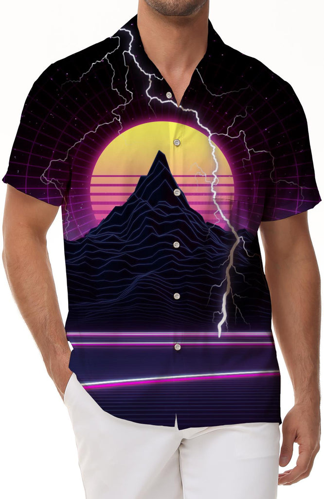 Hills and yellow moon summer beach classic fit Hawaiian seaside vacation men's retro short sleeve shirt casual button down shirt