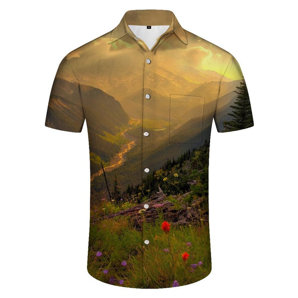 
Mountain sunset scenery tropical Hawaiian style beach button-down lapel men's daily simple casual loose short-sleeved shirt
                