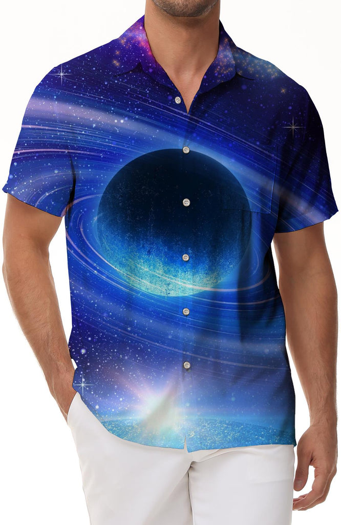 3d outer space blue beautiful galaxy silver sea street men's casual style short printed pattern tops Hawaiian button pocket shirt men