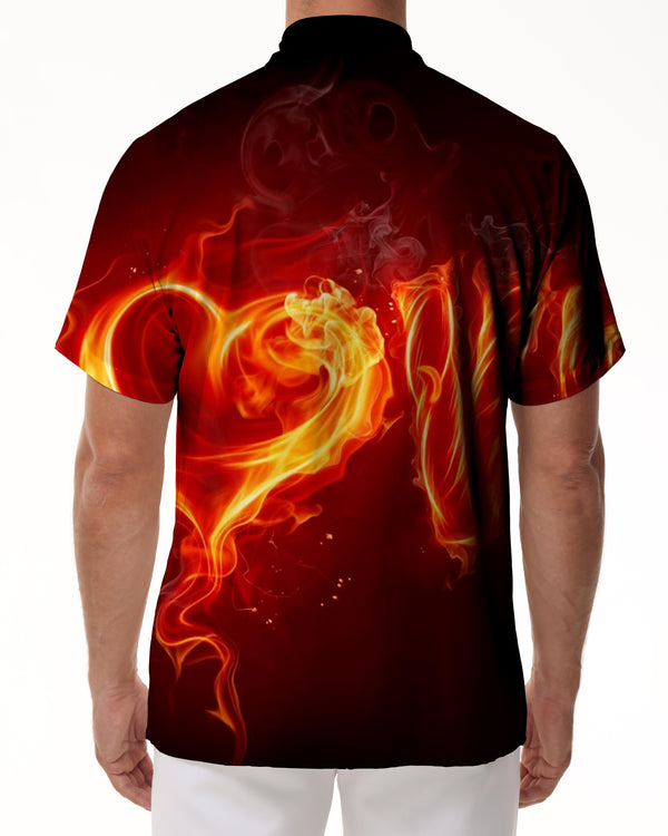 
Fun English Letter Print Flame Pattern Hawaiian Button Lapel Short Sleeve Shirt Men's Beach Style
                