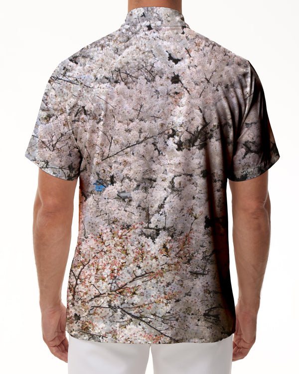 
White cherry blossom 3d digital printing travel street fishing men's casual loose Hawaiian tropical four seasons button short sleeve shirt lapel
                