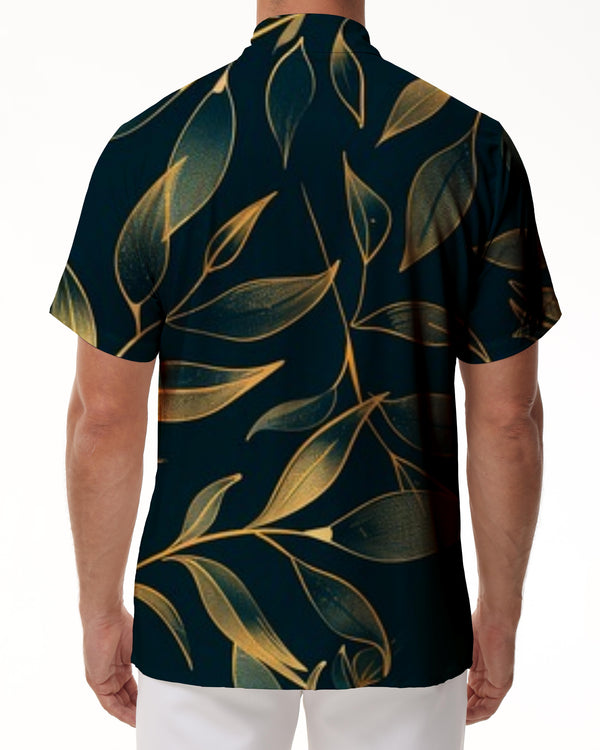 
Black Bamboo Leaf Men's Casual Loose Hawaiian Button Lapel Pocket Fashion Short Sleeve Shirt
                
