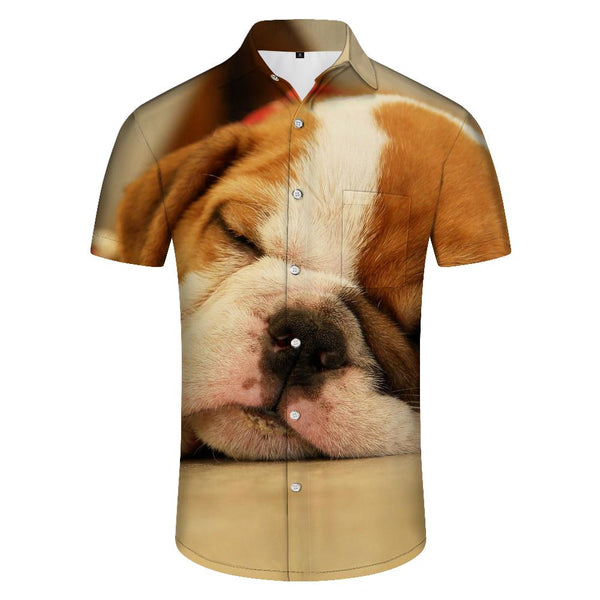 
French Bulldog 3D Digital Printed Pattern Beach Men Short Sleeve Loose Casual Shirt Holiday Beach Summer Tops With Pockets
                